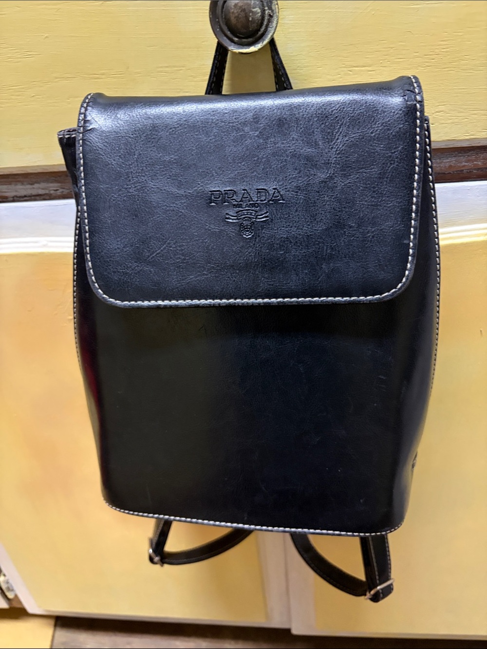 Prada Black Leather Mini Backpack with Contrast Stitching
